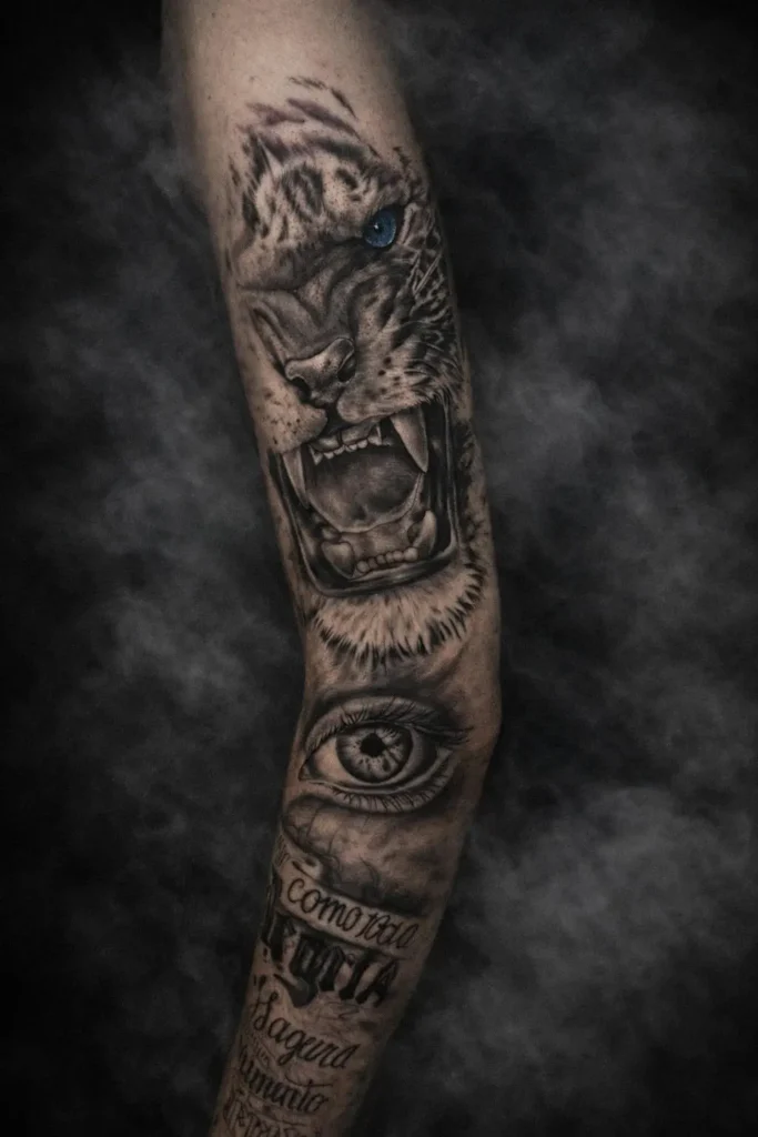 İnce kol anatomisine uygun olarak tasarlanmış, siyah ve gri gölgelendirmeli realist aslan başı dövmesi (lion tattoo).