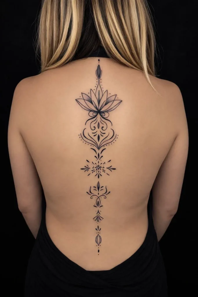 Kadın sırt bölgesine (omurga hattı veya kürek kemiği) uygulanmış, ince çizgili (fine-line) minimalist ve zarif dövme tasarımı.